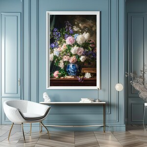 Vintage Floral Still Life Canvas Art: Elegant Botanical Painting, Pinewood Frame