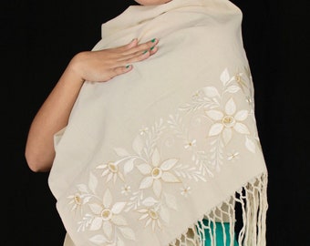 Handmade Linen Shawl Rebozo with Handmade Yucatecan Embroidery