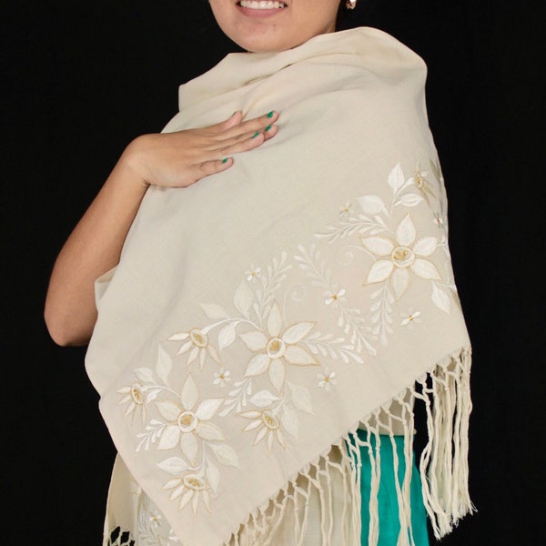 Handmade Linen Shawl Rebozo with Handmade Yucatecan Embroidery