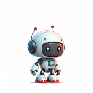 Peut inclure: Un robot de dessin animé mignon avec un casque et un corps blancs, un visage noir et des détails rouges. Le robot a de grands yeux bleus, un petit écran sur sa poitrine et des antennes sur le dessus de sa tête. Ses pieds sont rouges et blancs.