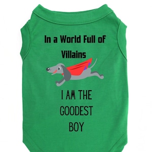 Super Hero Dog Shirt "In a World of Villains I am the Goodest Boy/Girl" Clever and Trendy Pet T-Shirt