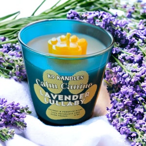 Calm Canine Candle &quot;Lavender Lullaby&quot; Dog inspired 8 oz Candle with Paw Print Wick