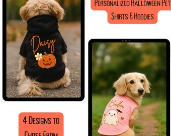 Personalisiertes Halloween Hunde Shirt oder Hoodie - Individueller Kosename - 4 süße Herbst Designs mit Geistern und Kürbissen - Herbst Outfit oder Hundekostüm