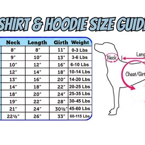 Op de afbeelding: Een tabel met de maten van honden shirts en hoodies voor verschillende rassen. De tabel geeft maten van XS tot 6XL met de bijbehorende hals-, lengte-, omtrek- en gewichtsmaten in inches en ponden. Een diagram laat zien hoe je een hond moet meten voor een shirt of hoodie.