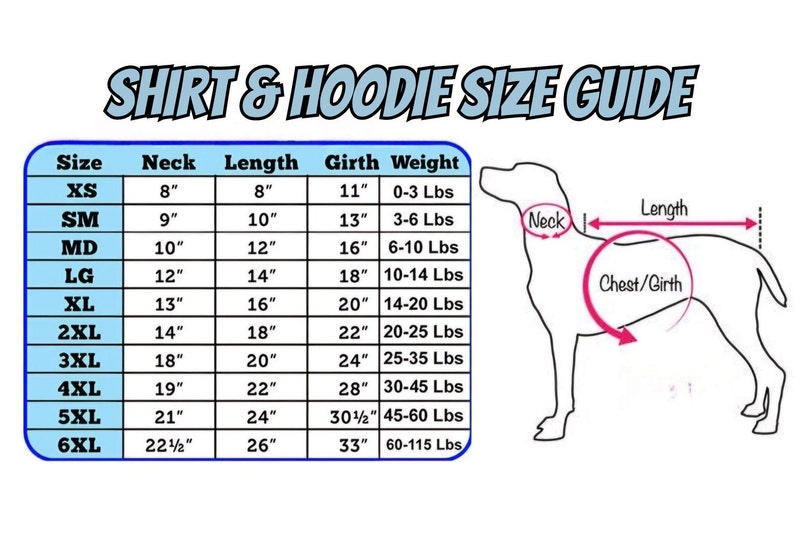 Op de afbeelding: Een tabel met de maten van honden shirts en hoodies voor verschillende rassen. De tabel geeft maten van XS tot 6XL met de bijbehorende hals-, lengte-, omtrek- en gewichtsmaten in inches en ponden. Een diagram laat zien hoe je een hond moet meten voor een shirt of hoodie.