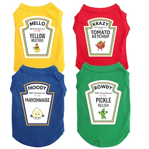 Matching Condiment Pet Dog and Cat Shirts or Hoodies Halloween Dog Costume Ketchup Mustard Relish Mayo for large or small dogs Group Costume