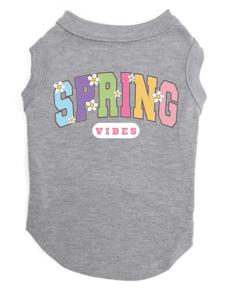May include: Gray sleeveless dog shirt with the text "SPRING" in rainbow colors and white flowers. The text "VIBES" is in a pink oval below the word "SPRING".