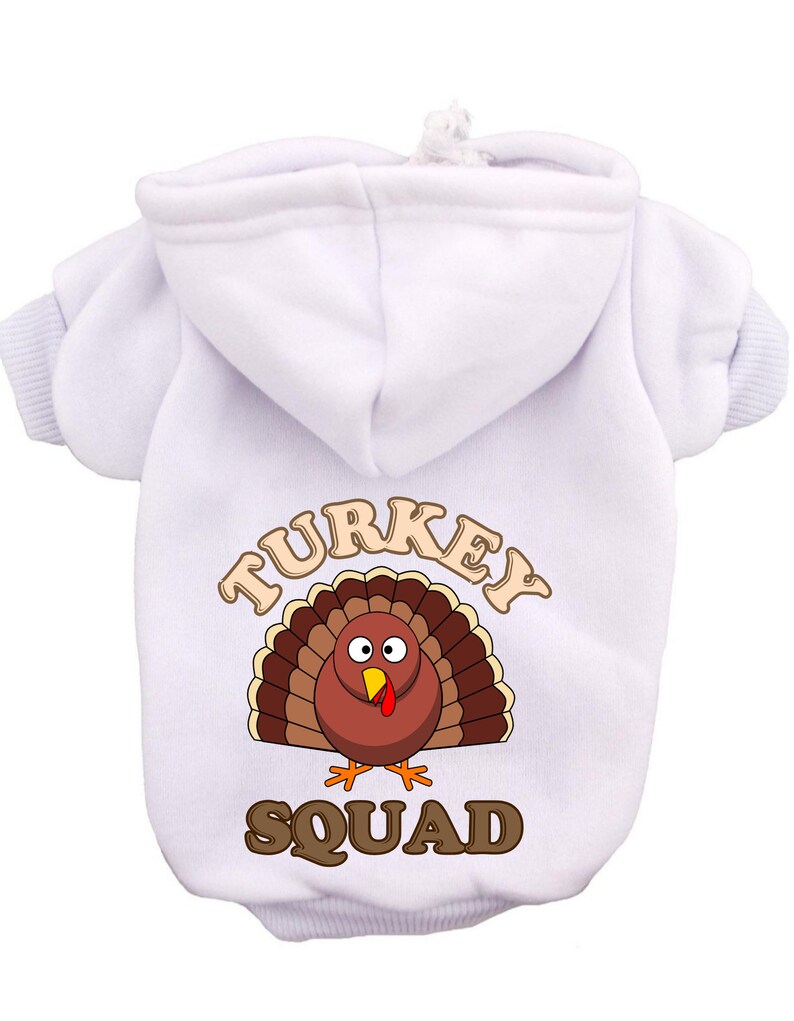 May include: White hooded sweatshirt with a cartoon turkey graphic and the text "TURKEY SQUAD" printed on the back.