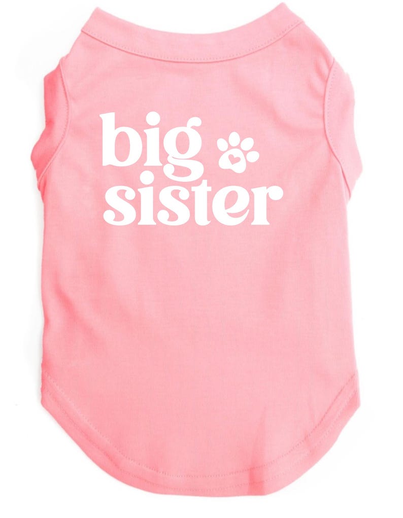 May include: A light pink pet t-shirt with the words "big sister" in white, along with a paw print graphic. The shirt has a rounded hemline and a crew neck.