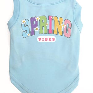 May include: Light blue sleeveless dog shirt with a rainbow colored "SPRING VIBES" graphic with white daisy accents.