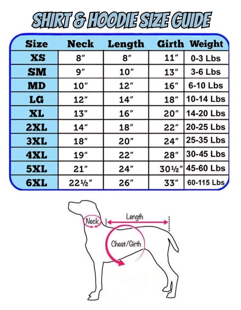May include: A chart showing dog shirt and hoodie sizes for different neck, length, girth, and weight measurements. The chart includes sizes from XS to 6XL. The chart is illustrated with a dog silhouette showing how to measure neck, length, and chest/girth.