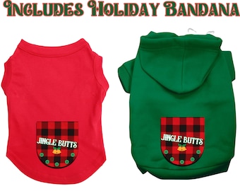 Kerstpyjamashirt of -trui "Jingle Butts" inclusief feestbandana. Cozy Dog Holiday pyjamashirt of hoodie grote en kleine honden