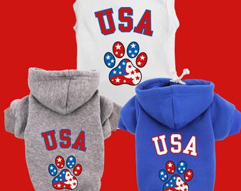 USA Dog Shirt or Hoodie - Patriotic 4th of July Pet Shirt or Sweater - American Flag Dog Apparel for Large and Small dogs Red White Blue Paw