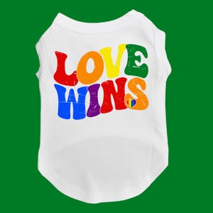 May include: White dog shirt with a rainbow colored "Love Wins" graphic and a small rainbow heart.