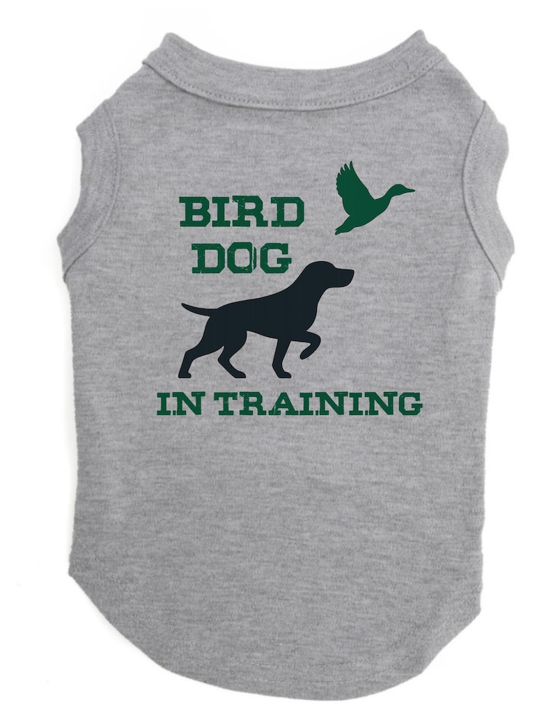 May include: A gray dog shirt with the words "BIRD DOG IN TRAINING" in green block letters. A black silhouette of a dog and a green silhouette of a flying duck are also on the shirt.