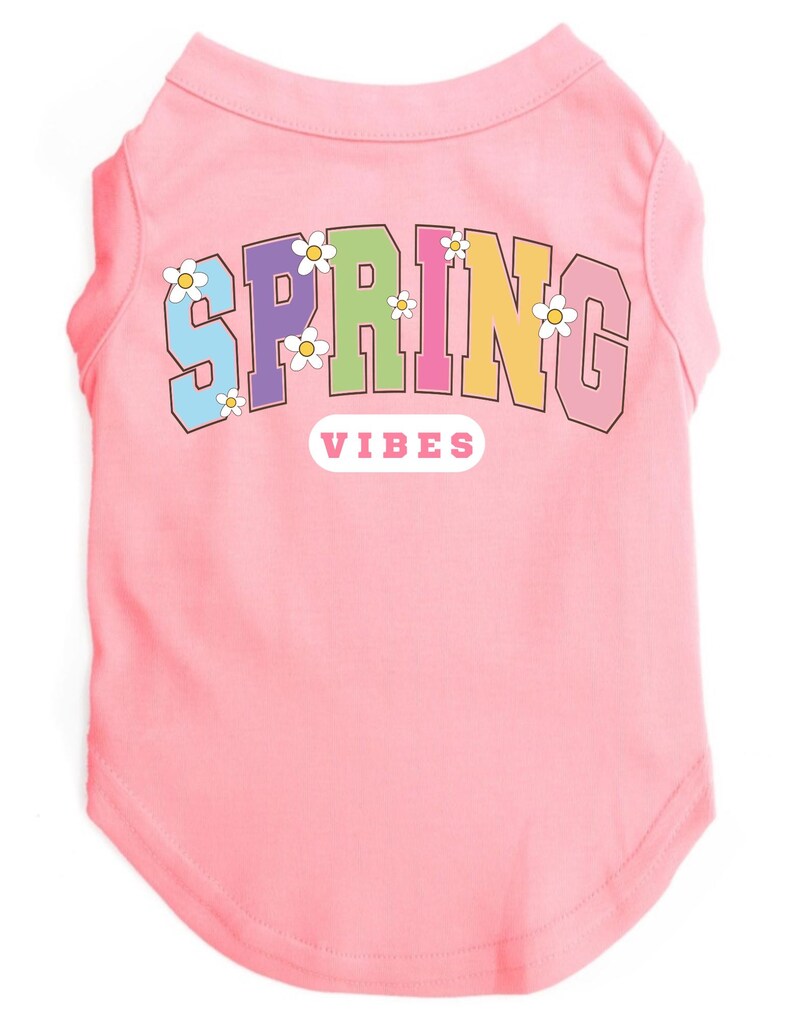 May include: Pink dog t-shirt with a rainbow "SPRING VIBES" graphic and white daisy accents.
