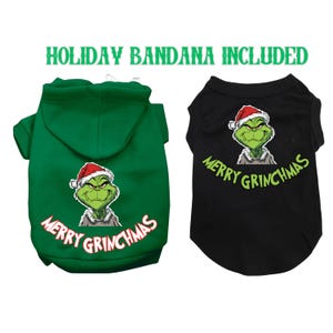 Christmas Grinch Pet Hoodie or Shirt &quot;Merry Grinchmas&quot; with Free Holiday Bandana.  Funny and Festive Dog and Cat Sweater for large and small