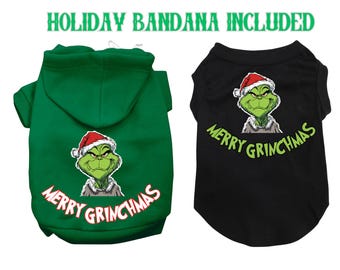Christmas Grinch Pet Hoodie or Shirt &quot;Merry Grinchmas&quot; with Free Holiday Bandana.  Funny and Festive Dog and Cat Sweater for large and small