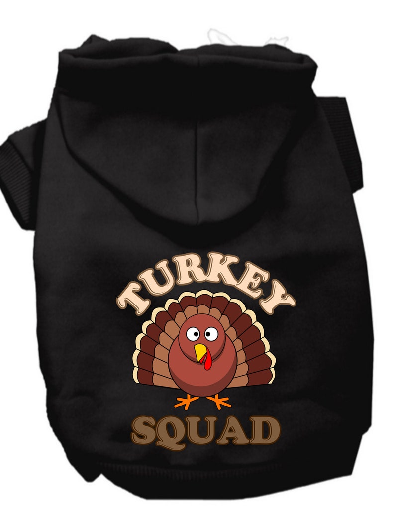 May include: Black hooded dog sweater with a brown cartoon turkey graphic and the text "TURKEY SQUAD".