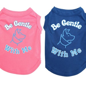 May include: Two dog t-shirts, one pink and one blue, with the text "Be Gentle With Me" and a dog outline in blue.