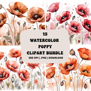 15 Watercolor Poppy Clipart Bundle | Red Wildflower Meadow Graphics | Instant Download Commercial Use
