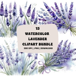 15 Aquarell Lavendel Clipart Bundle | Provence Hochzeit Blumengrafik | Sofort Download Kommerzielle Nutzung