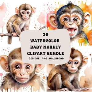 20 Watercolor Baby Monkey Clipart Bundle | Jungle Nursery Animal Graphics | Instant Download Commercial Use