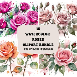15 Watercolor Roses Clipart Bundle | Wedding Floral Romance Graphics | Instant Download Commercial Use