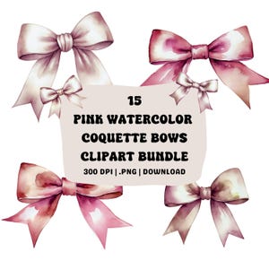 Watercolor Pink Coquette Bow Clipart: Hand-Painted Ribbon Graphics (PNG Bundle, Commercial Use