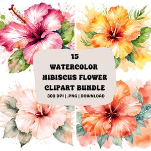 15 Watercolor Hibiscus Flower Clipart Bundle | Tropical Hawaiian Flower Graphics for Crafts | Instant Download Commercial Use