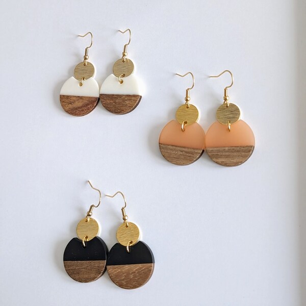 Gold wood and resin dangle earrings, white, black, pink earrings , charming, unique, boho design, art deco, hypoallergenic