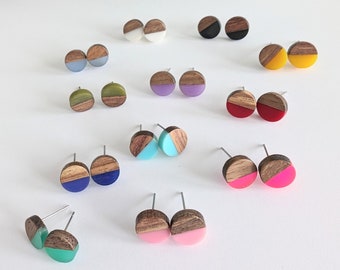 Wood and resin stud earrings, 10mm, steel post, hypoallergenic, lightweight, minimalist, multiple colors,