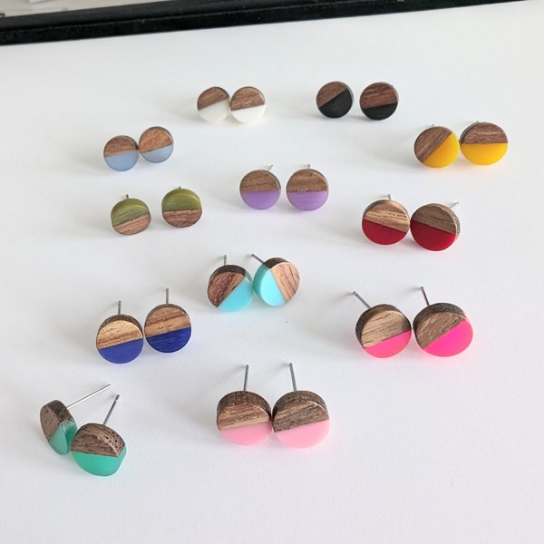 Wood and resin stud earrings, 10mm, steel post, hypoallergenic, lightweight, minimalist, multiple colors,