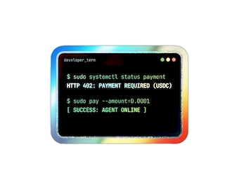 Etiqueta holográfica de sudo pay / Terminal Agent Online / USDC x402 troquelada / Sin bordes
