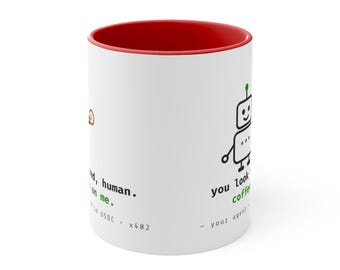 Taza "Te ves cansado, humano" - Lindo robot comprándote café, x402 USDC Agent Mug, Regalo divertido de IA, 325 ml