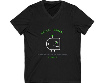 Hola Humano Camiseta con cuello en V - Perfil de robot sonriente, linda camiseta de bot de IA, x402 Agent Economy, ForgeMesh