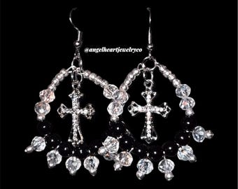 Black and Silver Cross Rhinestone Hoop Earrings