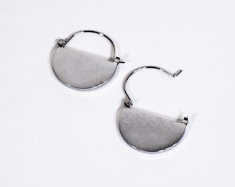 Stainless Steel Half Moon Hoop Earrings: Geometric Silver Discs