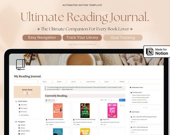 Op de afbeelding: Een laptopscherm met een Notion-sjabloon voor een leesdagboek. Het sjabloon heeft secties voor gelezen boeken, momenteel gelezen boeken en doelstellingstracking. Het sjabloon heeft de titel "Ultimate Reading Journal." en de tagline "The Ultimate Companion For Every Book Lover."