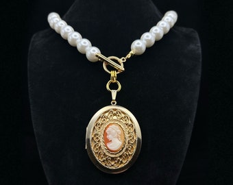 Gold and pearl Victorian cameo locket statement necklace