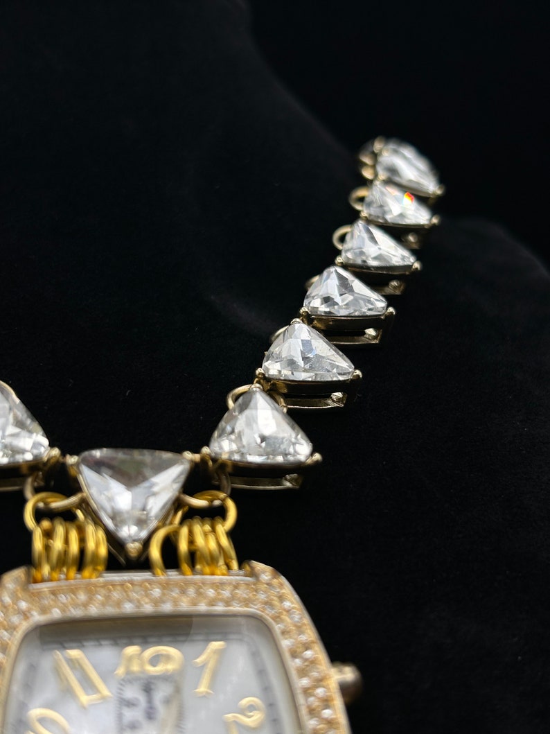 Gold Rhinestone Triangle Watch Clock Pendant Necklace Etsy