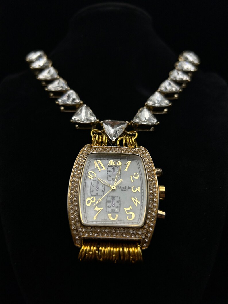 Gold Rhinestone Triangle Watch Clock Pendant Necklace Etsy