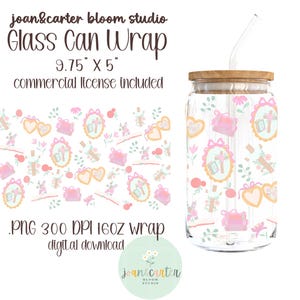 May include: A clear glass can wrap with a wooden lid and a straw. The wrap features a repeating pattern of pink, yellow, and green floral and religious-themed illustrations. The text "Glass Can Wrap" is visible.