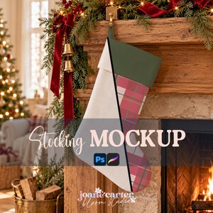 May include: A Christmas stocking mockup featuring a split design. The left side is solid white, while the right side displays a red, white, and green plaid pattern with a solid dark green cuff. The text reads Stocking MOCKUP.