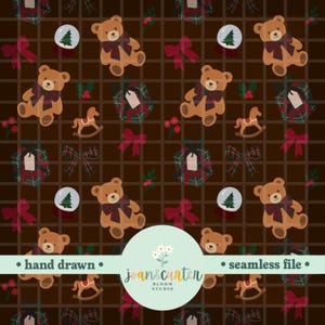 May include: A repeating pattern with teddy bears, gift boxes, bows, and rocking horses on a brown backdrop. The design includes Christmas tree ornaments and holly sprigs. The words "hand drawn" and "seamless file" are also present.