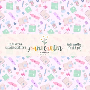 May include: A seamless pattern featuring hand-drawn illustrations of notebooks, pens, tumblers, and bows on a light pink background. The text reads hand-drawn seamless pattern, joan & carter bloom studio, and high quality 300 dpi .png.