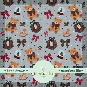 May include: A repeating pattern with festive Christmas motifs. It showcases teddy bears with tartan bows, wrapped presents, snow globes, rocking horses, and red bows against a grey grid. The words "hand drawn" and "seamless file" are also visible.