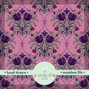 Motivo damascato a tulipani senza soluzione di continuità PNG, motivo a fiocco floreale vintage, design femminile Grandmillennial, carta digitale floreale rosa e viola