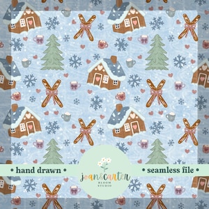 May include: A seamless pattern with hand-drawn winter motifs on a pale blue backdrop. The design incorporates gingerbread houses, snowflakes, skis, Christmas trees, and mugs of hot chocolate. The pattern is described as a seamless file.