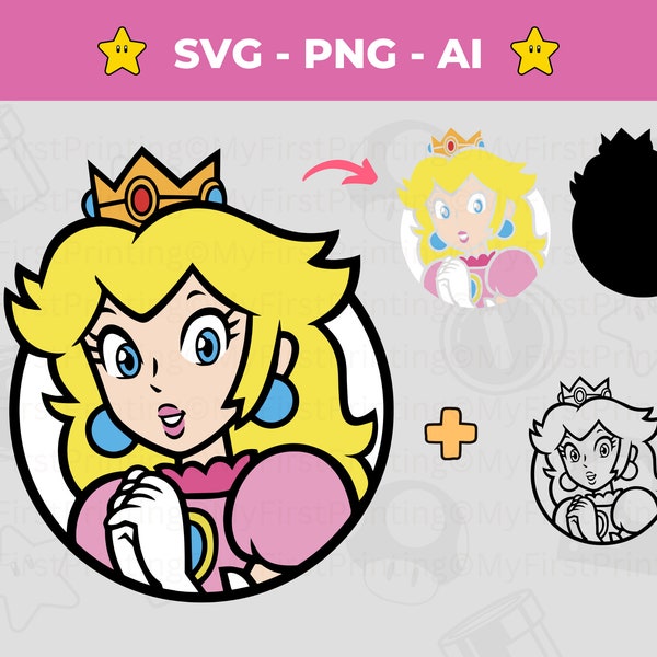 Princess Peach SVG, Super Mario PNG - Vinyl Design, Cut file Instant Download for Silhouette, Cricut & Crafting